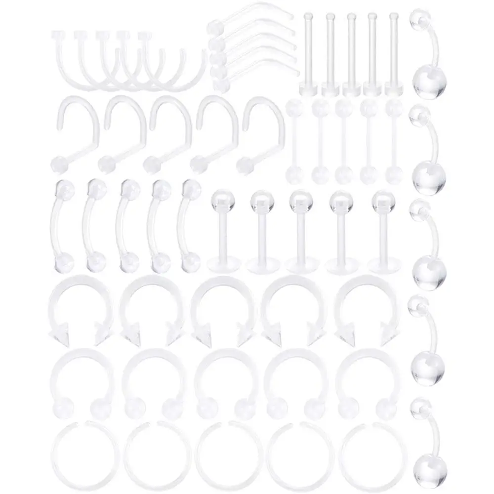 1/55Pcs Set Clear Piercing Retainers Flexible Bioflex Navel Belly Button Lip Eyebrow Tongue Barbells Cartilage Tragus Earrings