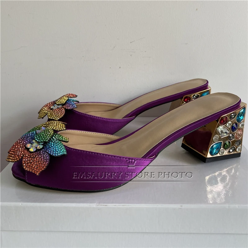 Jeweled Diamond Summer Women Sandals Crystal Beaded Decor Luxury Satin Colorful Rhinestone Med Square Heel Peep Toe Runway Mules