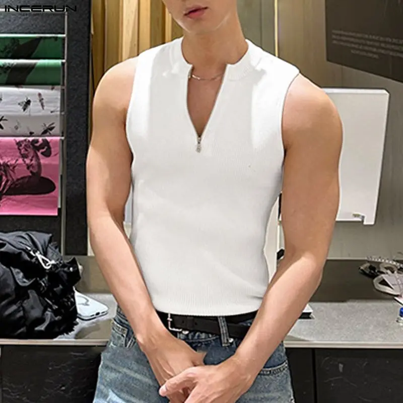INCERUN Men's Tank Tops Solid Color Knitted Zipper Sleeveless Men Clothes Summer Streetwear 2026 Fashion Casual Male Vests Tops