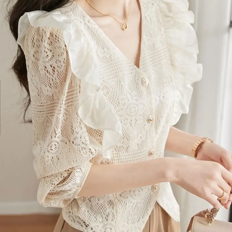 Summer Elegant V-Neck Blouse Women\'s Solid Color Commute Single-breasted Hollow Out Korean Straight Ruffles Spliced Shirt 2023