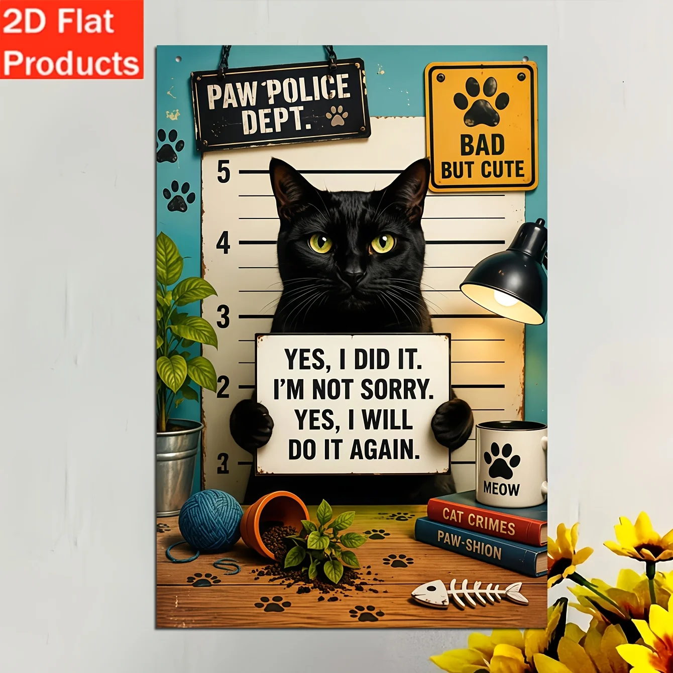 Aluminum Decorative Sign and Plaque - 1pc Fun Black Cat Criminal Photo Sign, Paw Print Police Cat Decorative Plaque