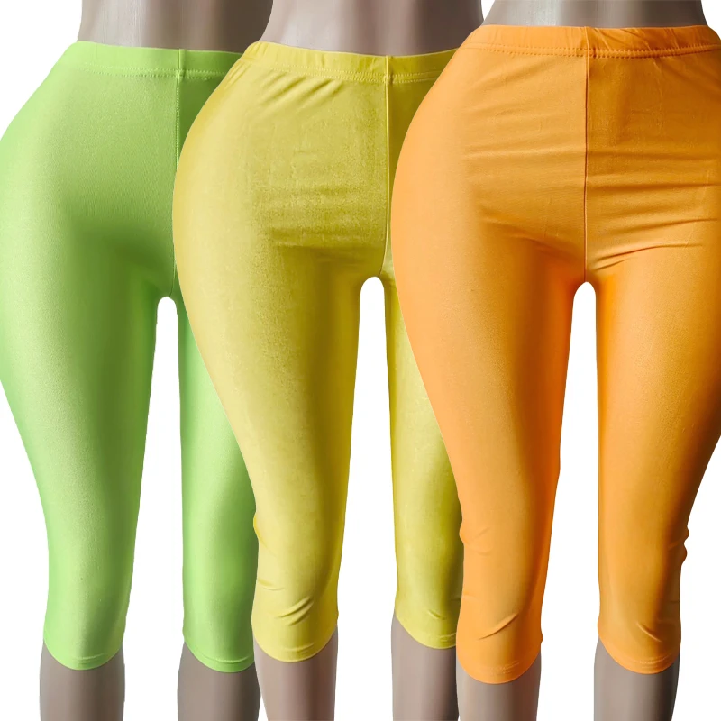 Women's Summer Fluorescent Color Slim Capri Leggings Shiny Stretch Tights Glossy Opaque Neon Leggings for Girls 50-80kg Weight