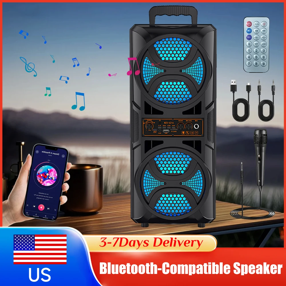 

Портативная Bluetooth-колонка с сабвуфером, глубокими басами, светодиодной подсветкой, микрофоном, пультом дистанционного управления, поддержкой USB/TF/AUX/FM/BT/TWS для вечеринок, барбекю, дома и улицы