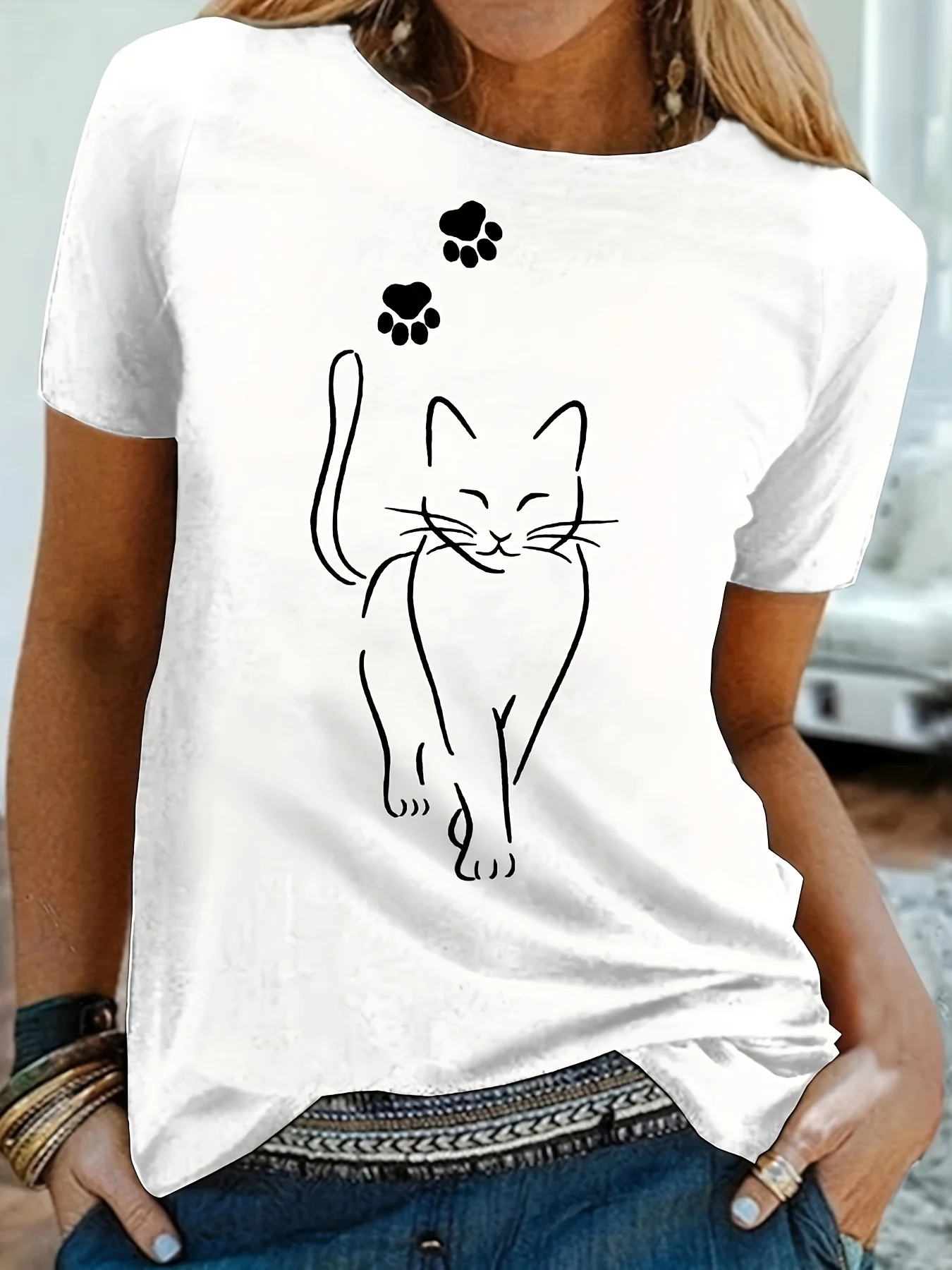 

Oversizd Plus Size Casual T-shirt, Women's Plus Cute Cat & Paw Print Short Sleeve Round Neck Medium Stretch T-shirt