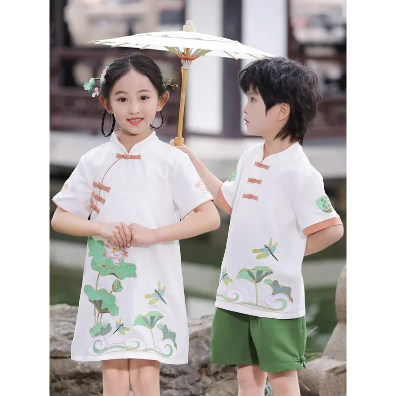 Lotus Dragonfly Tang Suit para meninos e meninas, roupas de desempenho do coro, gêmeos Cheongsam, fofo, loja chinesa online, verão