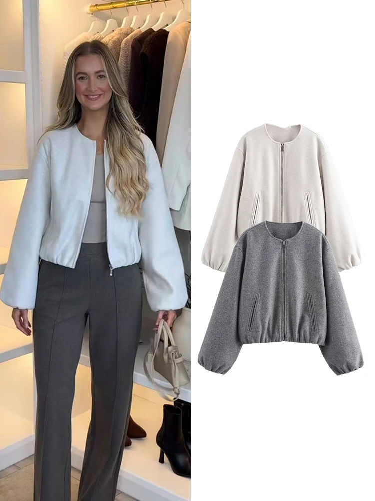 

﻿ TFMLN женские простые стильные куртки-бомберы на молнии повседневные укороченные куртки с карманами и длинными рукавами 2025 женская однотонная новая верхняя одежда