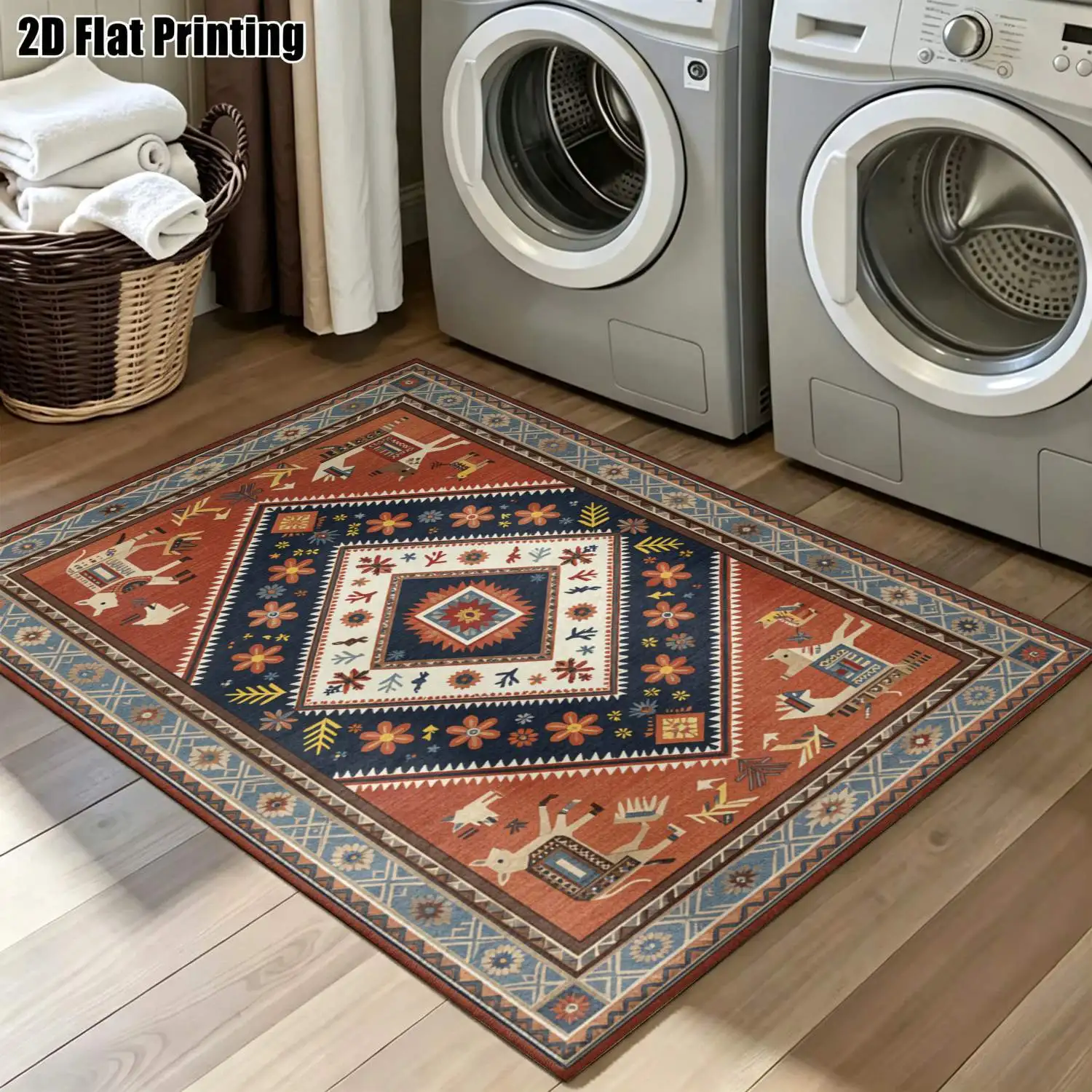 1Pc 2D Printed Brick-Red Retro Ethnic Carpet: European, Bohemian, Vintage Distressed, Home Decor, Multi-Size, Machine Washable, for Entrance, Dining, Foyer, Bedroom, Study, Living Room