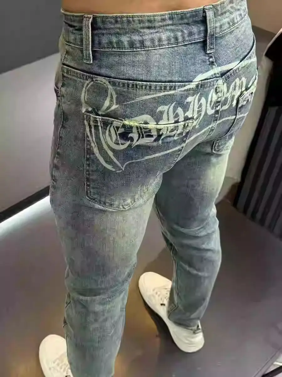 Koreanische Bewertungen Viele Jeans Trendige Jeans Herren Frühling Herbst Slim-Fit Design Hosen Hochwertige Mode Bedruckte Lange Hosen