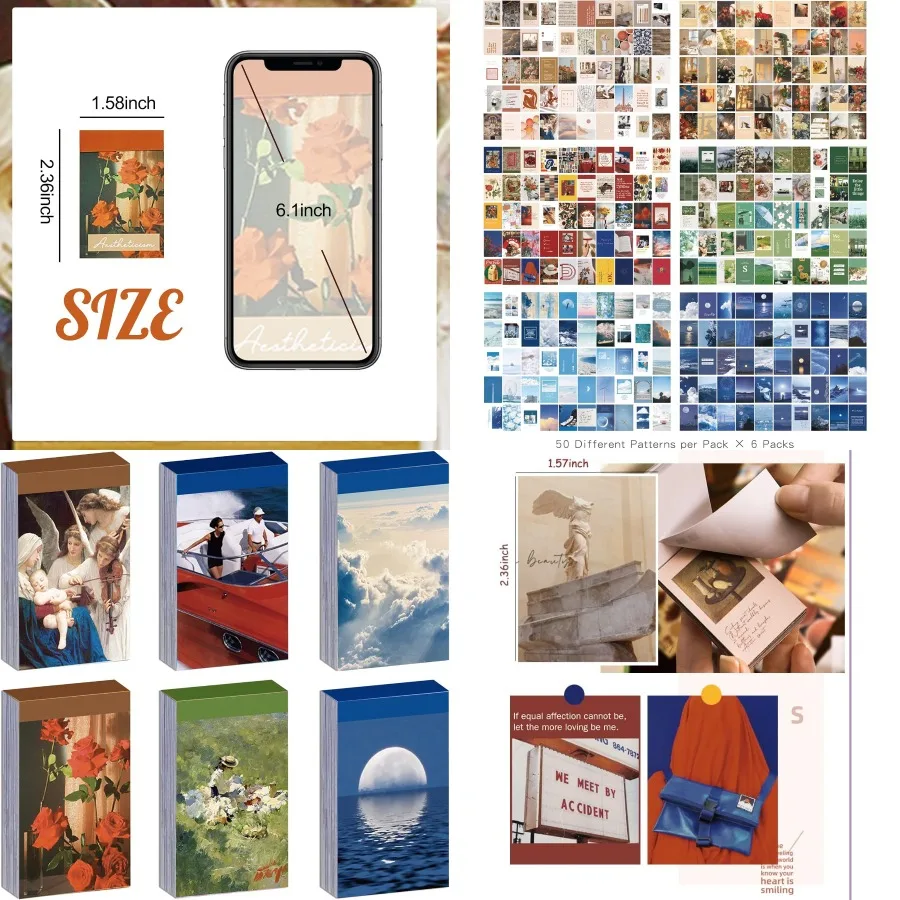 

6 Sets 300 Pcs Washi Stickers Set Vintage Aesthetic Sticker Book for Journaling DIY Decorative Paper Sticker Decals for Bullet