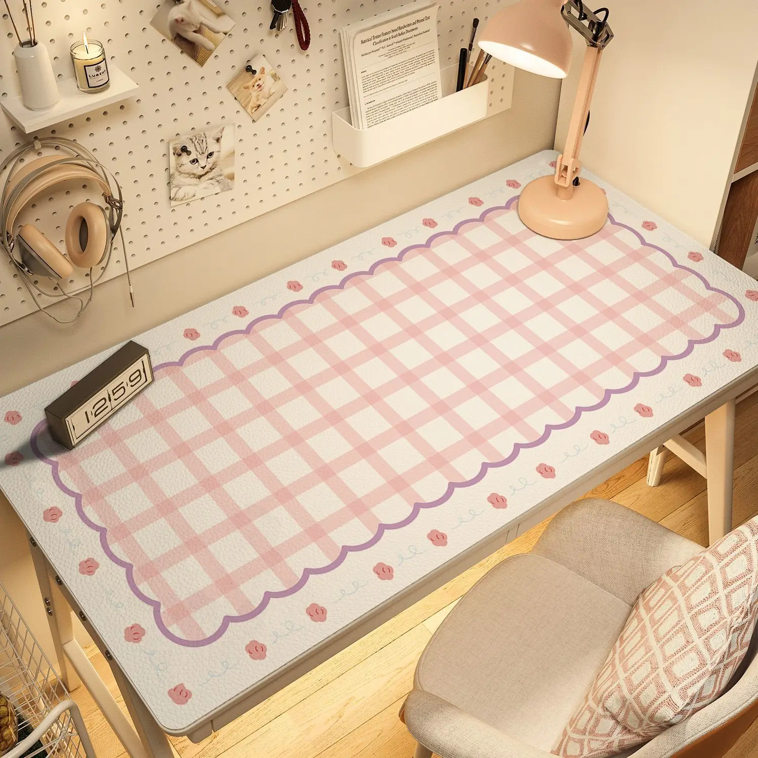 Leather Desk Pad Protector Simple Grid Polka Dots Y2K INS Mouse Pads Office Desk Mats Waterproof Oilproof PU Desk Keyboard Pads