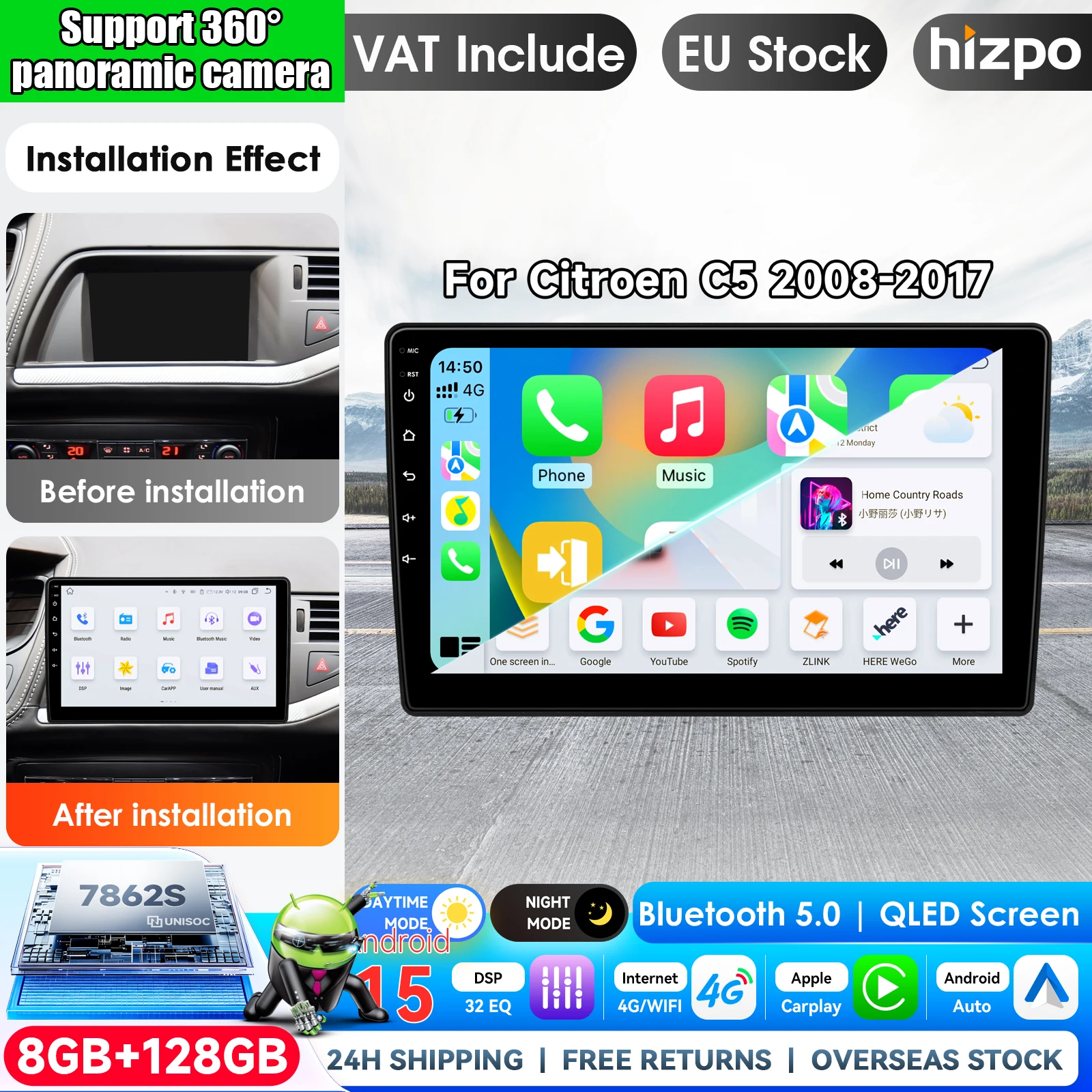 Image of Hizpo 10,1'' Autoradio für Citroen C5 2008 - 2017, kabelloses Carplay, Android Auto-Multimedia-Videoplayer, 2-DIN-Radio, Autoradio, GPS-Stereoanlage, intelligente Systeme, IPS-Touchscreen-Headunit,