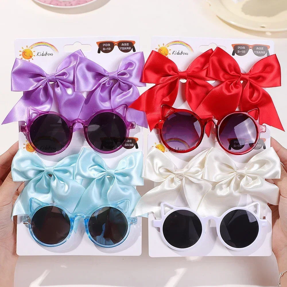 

3Pcs/Set Fashion Solid Baby Sunglasses Eyelet Bow Headband Set Elastic Hairclip Seaside Sunglasses Kids Head Accessories