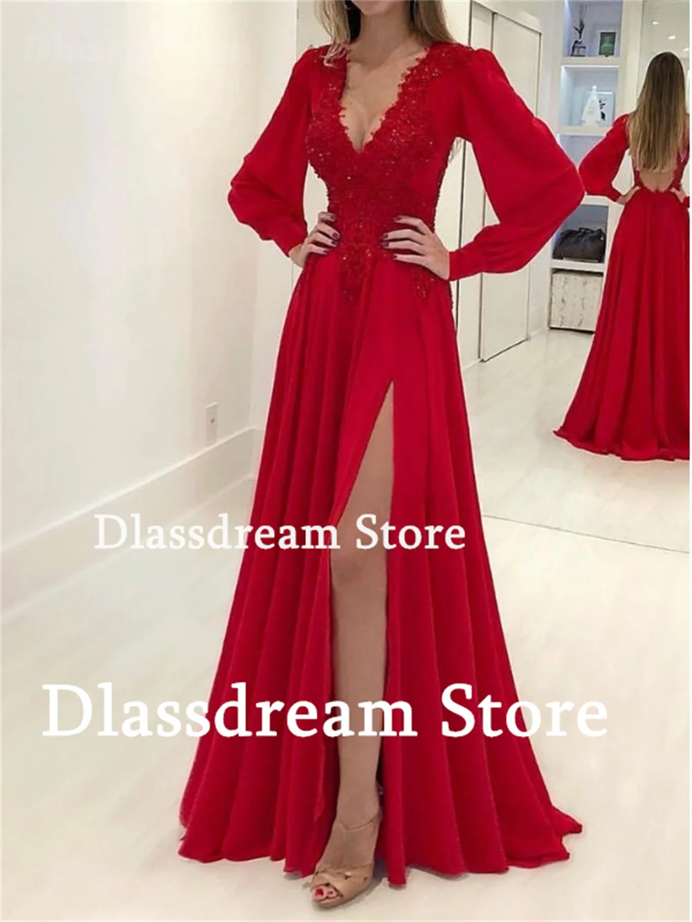 Red Prom Dress V-Neck Long Sleeves Lace Appliques Sexy Side Split Floor-Length Wedding Party Dress 2024New Formal Evening Dress