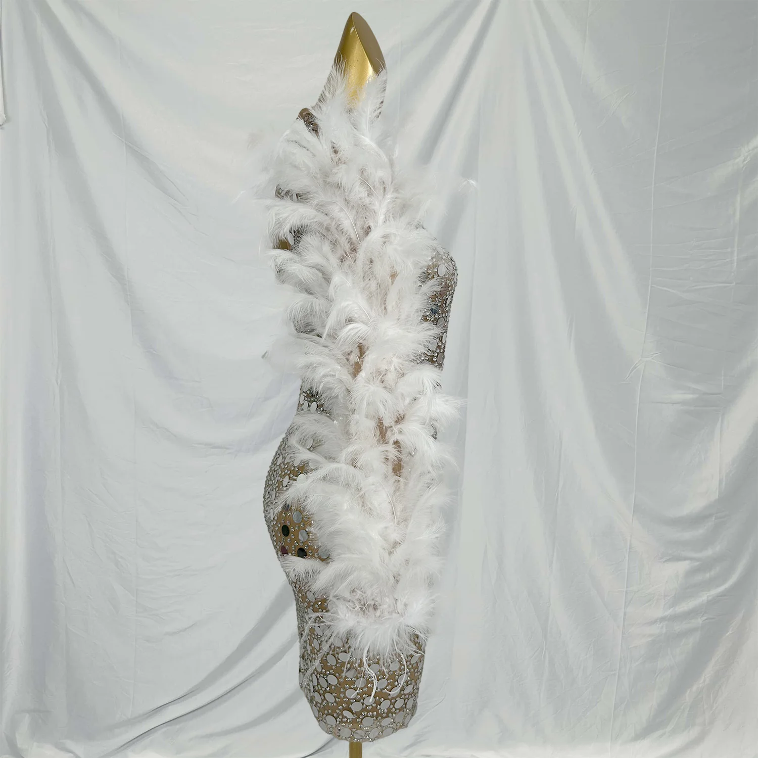 Pianyuxiu brilhante lantejoulas espelhos feminino sexy penas manga bodycon mini vestido celebrar festa de aniversário sessão de fotos palco wear