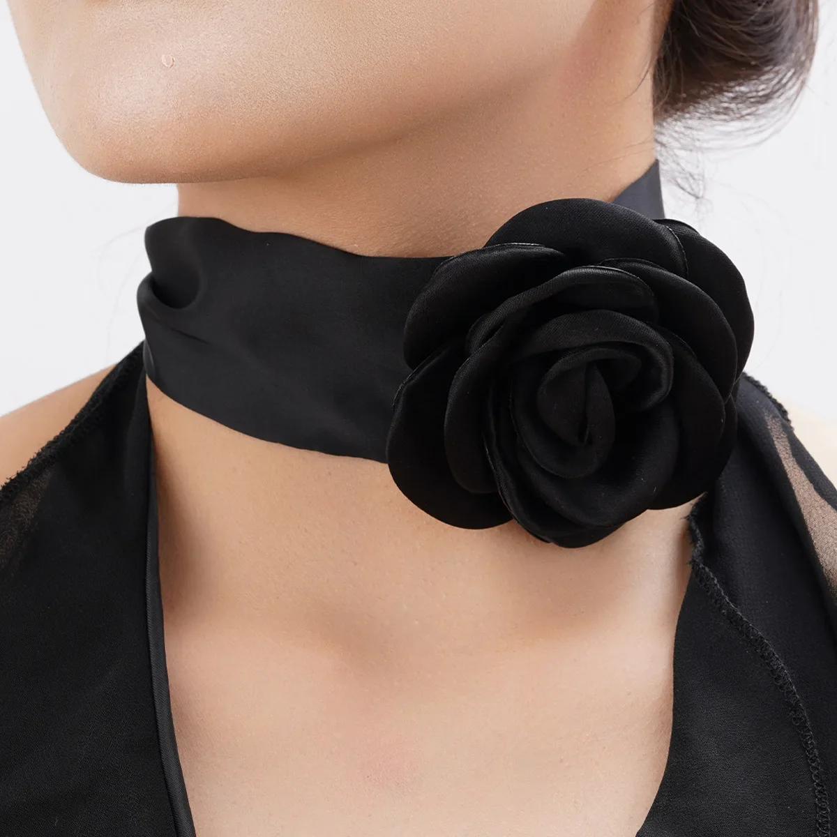 Rose Neck Chain Choker Collar Flower French Strap Flower Women\'s Necklace Black