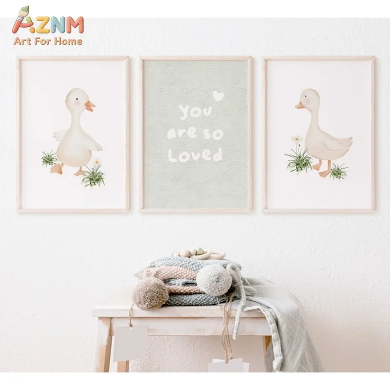 AZNM Cute Watercolor Duck Nursery Canvas Wall Art, Boho 
