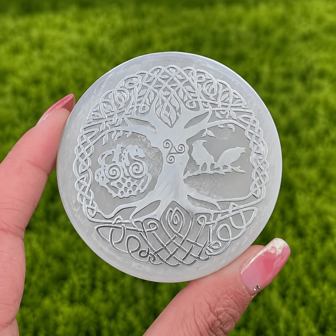 1pc Natural Silver Selenite Stone Slice, Round Decorative Carved Disc,  Polished Mineral Display Piece, Tree Pattern Ornament