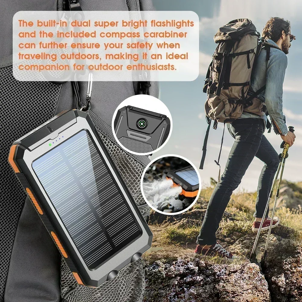 In Stock Ready to Ship 10000mAh Solar Power Bank Hot Sale Fast Charge Dual USB Waterproof Shockproof with Flashlight Compass