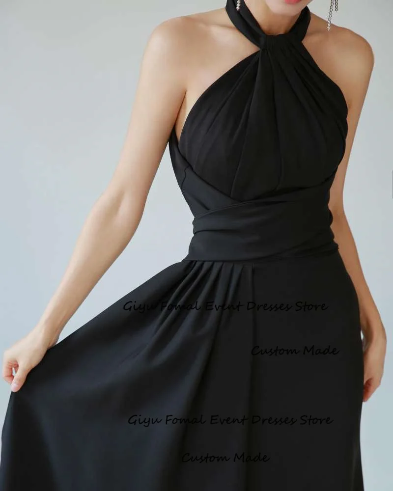 Giyu Simple Black Evening Dresses Korea Photoshoot Halter Floor Length Formal Wedding Soft Satin Prom Gowns Customized