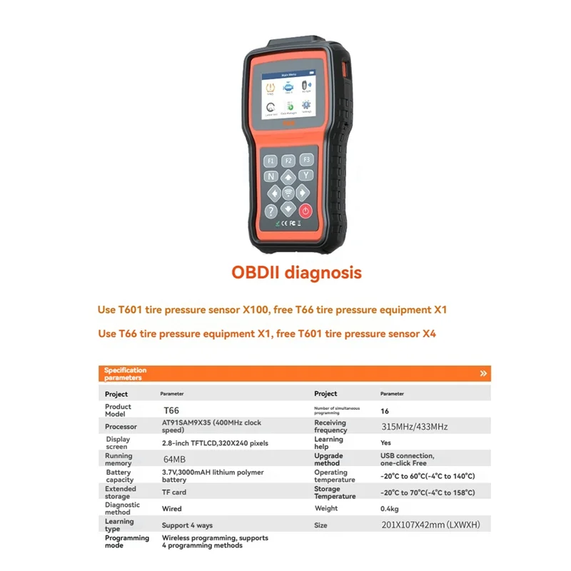 

T66 Auto Tire Pressure Tool TPMS Relearn Activate Sensors Programming Car OBD2 Code Reader Diagnostic Tools