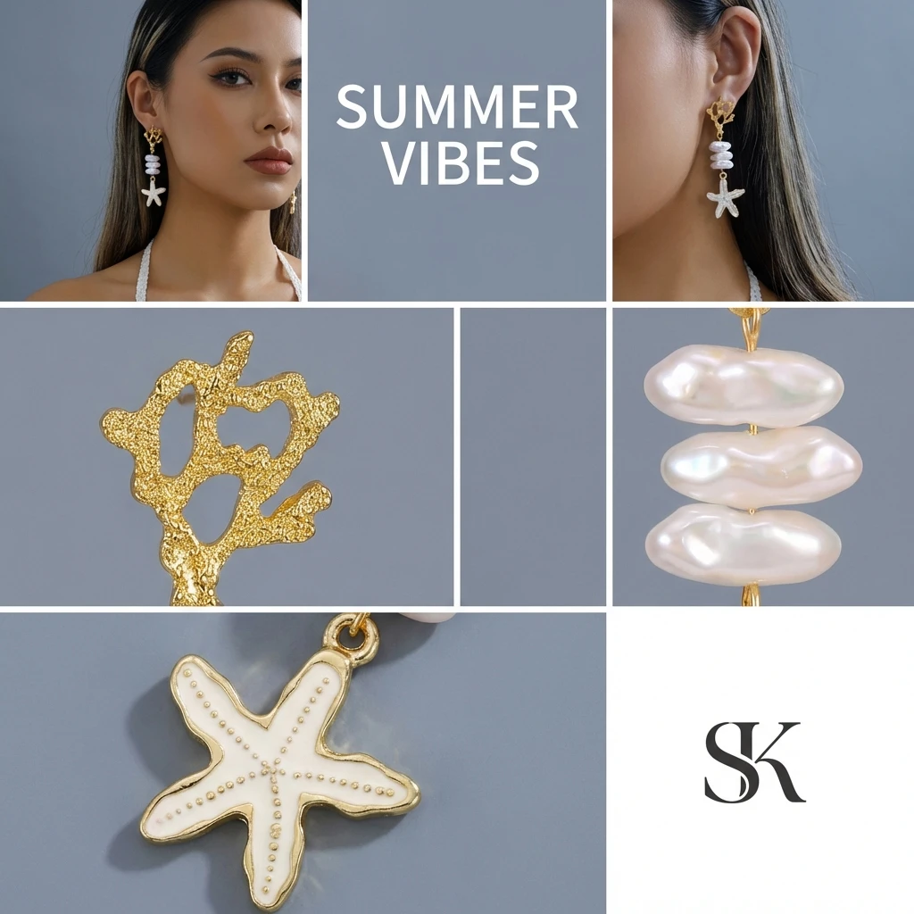 Goldfarbene Korallen-Seestern-Ohrhänger für Damen, trendige weiße Emaille, glänzende Imitationsperlen-Tropfenohrringe, hübscher Strandschmuck – Detail 4