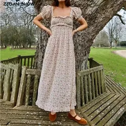 Retro Small Flower Print Wood ears Slash Collar Midi Long Dress Slim High Waist Short Puff Sleeve Swing Robe Women Vestidos