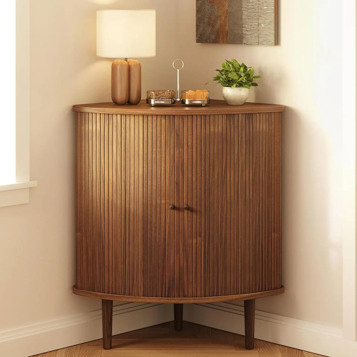 

30'' Corner Bar Cabinet Sliding Doors Angled Kitchen Coffee Wine Sideboard Buffet Dining Living Home Office Walnut, Customized
