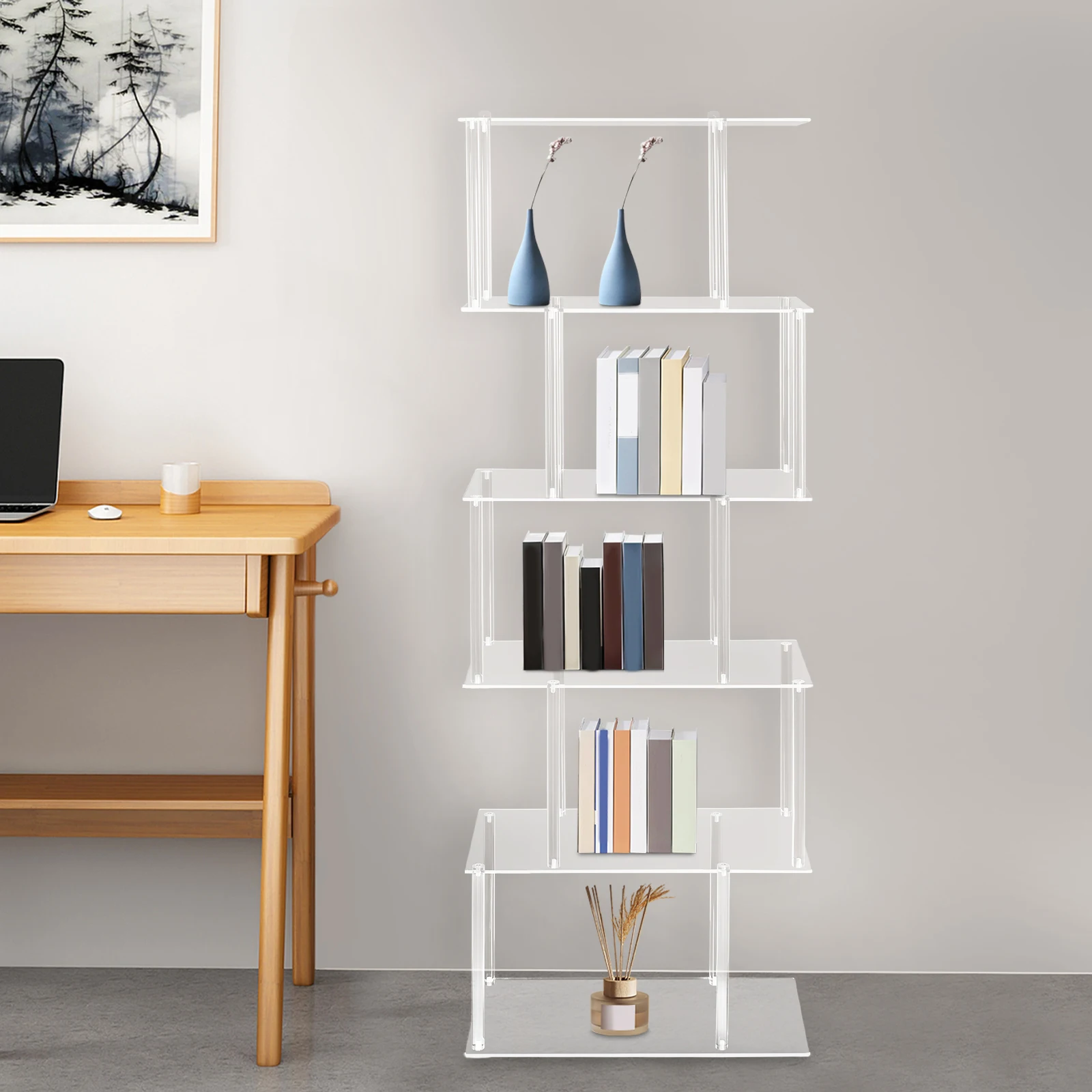 

6-Tier Clear Bookcase/Display Stand Wall-mounted Acrylic Geometric Strong Load-bearing for Storing Books Magazines Collectibles