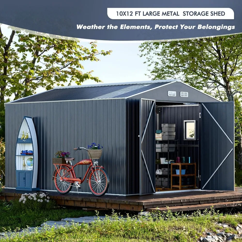 10x12x7 FT metal outdoor storage room with steel reinforcement, semi transparent roof panels, windows, and lockable doors