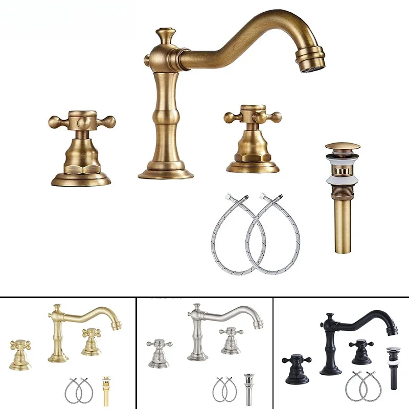 French Retro All-copper Basin Faucet Three-piece Double Handle Split Three-hole Hot and Cold Splash-proof Faucet