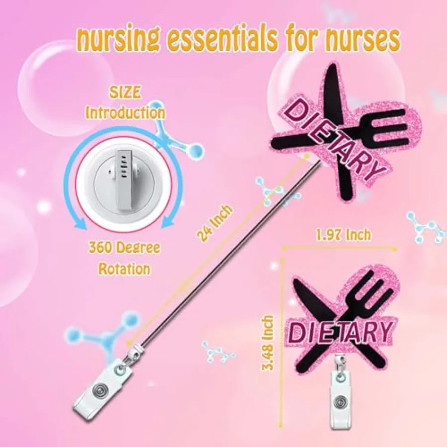 Funny Dietary Aide Badge Reel Holder Accessories Badge Reels Retractable for Nurses Cute Glitter Badge Clip RN CNA LPN LVN ID N