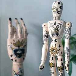 2023# Tattoo Wooden Hand Ornament Hand Joint Finger Figurine Kanagawa Surf Painting Hand Movable Art Wooden Hand Joint Doll