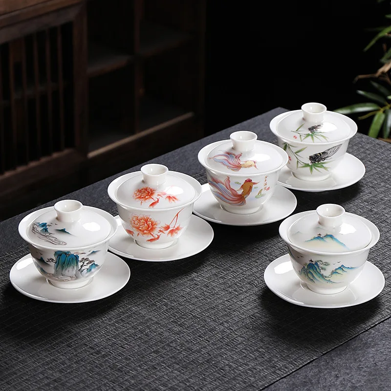 

Chinese Traditions Gaiwan Kung Fu Ceramic Sancai Tea Bowl White Porcelain Single Gaiwan Teacup Handmade Tea Maker For Home