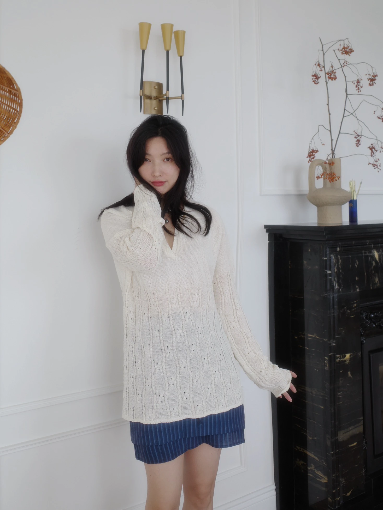 

LadyChi Lazy Holiday ROW mat Dry Paper Silk Loose Twist Loose Knitted Wear Comfortable Summer Long Sve V-Ne