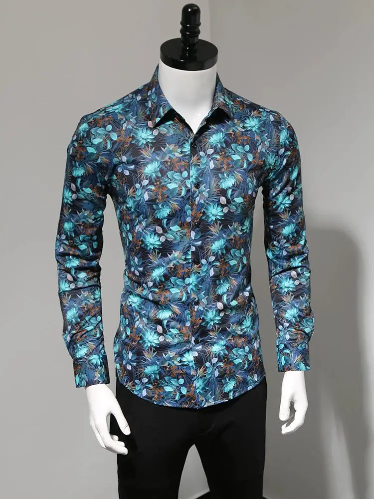 Men Slim Fit Printed Long Sleeve Shirt Vintage Floral Stylish Top