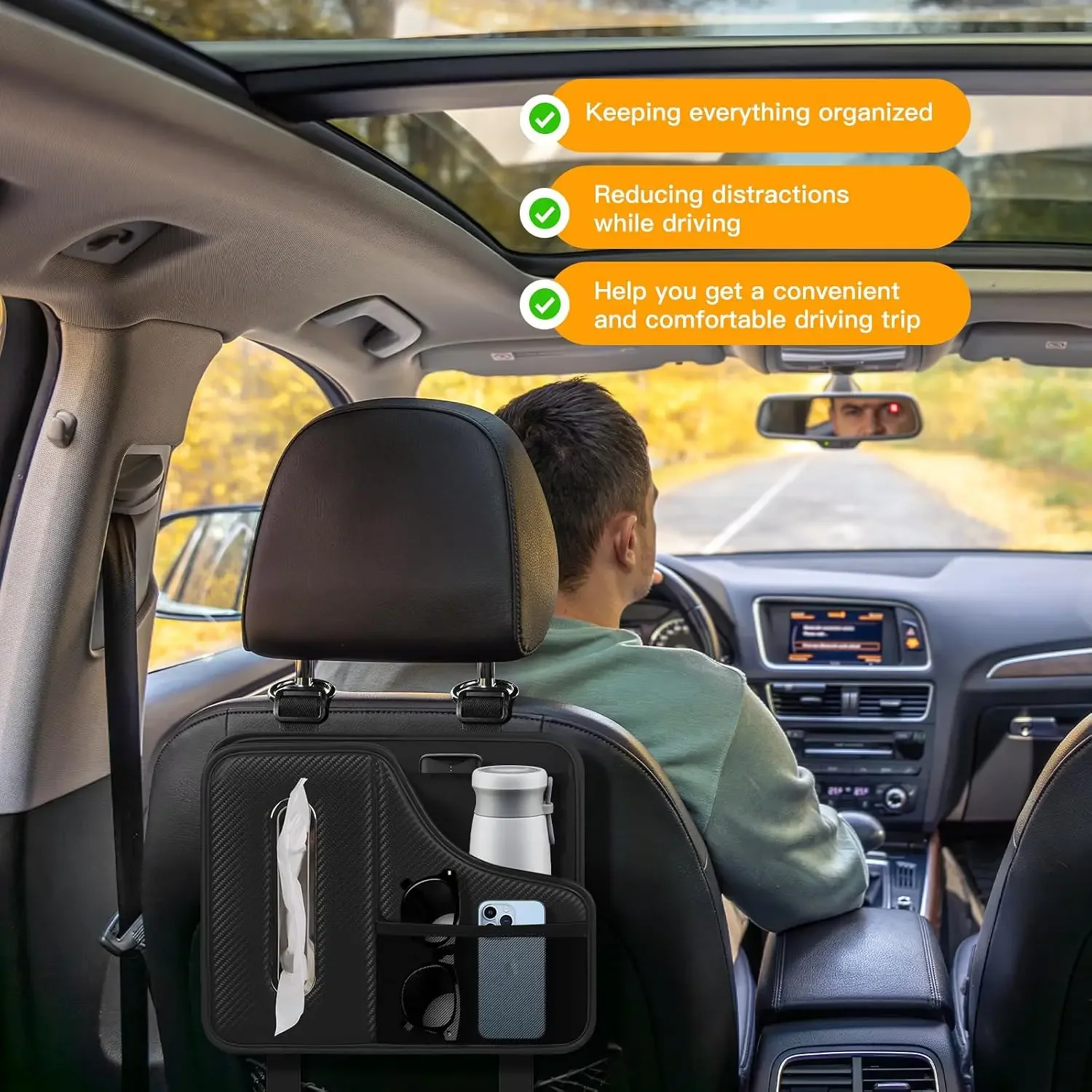 Car Tissue Holder,Back Seat Organizer with Cup Holder,Multifunctional Car Headrest Seat Back Storage,Snack Organizers for Kids,Large Tissue Box Cover Fit for 100-130 Regular Size Tissues view 6