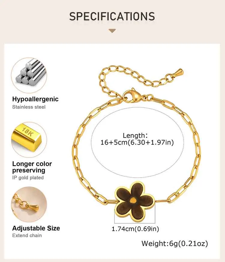 Daisy-Blumen-Armband für Damen, 18K vergoldetes Edelstahl-Paperclip-Kettenarmband mit Emaille-Blumenanhänger, Schmuckgeschenk – Detail 3