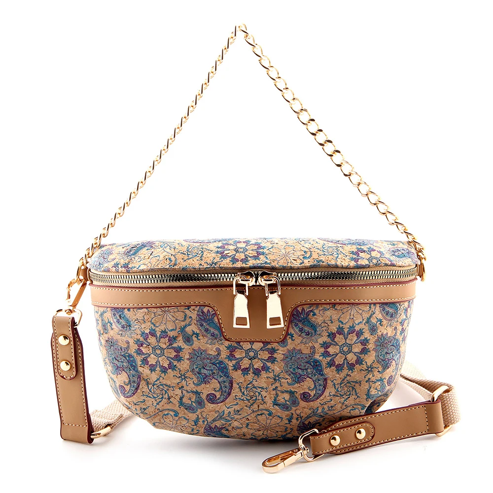 3pcs Crossbody Bags Retro Cork Leather Flower Print Patchwork Plain Solid Pillow Shaped Shoulder Chain Bag