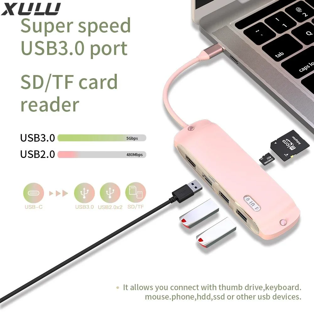 hub usb 8 in 1 type c hub Type-C to PD 100W USB3.0 USB2.0*2 HD-MI SD TF RJ45 100M for macbook