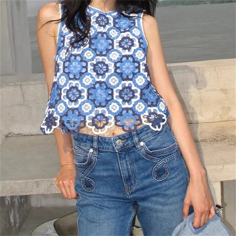 

Women's t-shirt 2024 Summer New Fashion Hollow Round Neck Short sleeved Top Flower embroidered pure cotton pullover y2k knitwear