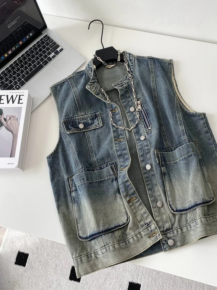 

Premium Casual Svel Denim Jaet Women's Loose Slimming Leisure Vest with kets V-ne Single Button Fastening Pure C...