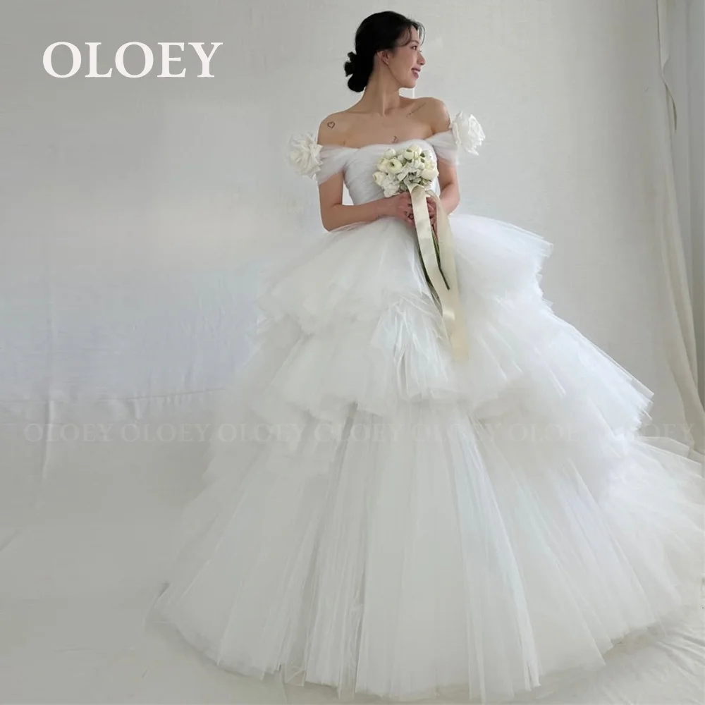 

OLOEY Elegant Layered A Line Wedding Dress Korea Photo Shoot Off Shoulder Short Sleeves Bridal Gown Floor Length Customized