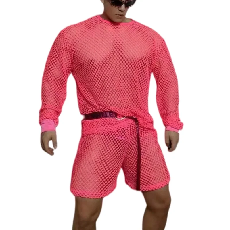 Men's Pink See-through 2 Piece Set Hollow Out Long Sleeve Tops Shorts Club Party Rave Outfit Nightclub Stage Performance Costume