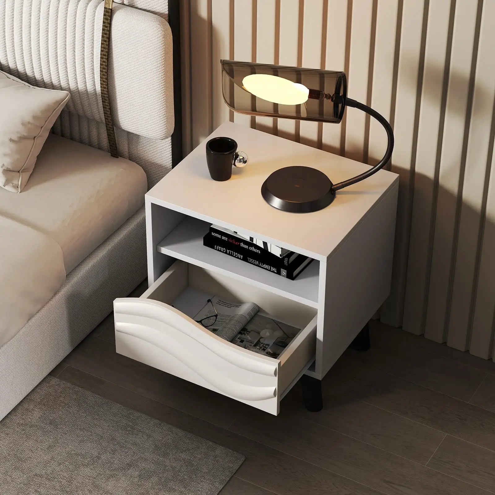 

Mid-Century Modern Nightstand with 3D Wavy Drawer & Open Shelf - White & Wood Bedside Table, Compact Sofa/Couch Side Table for Small Spaces, Sturdy, Easy Assembly, Space-Saving