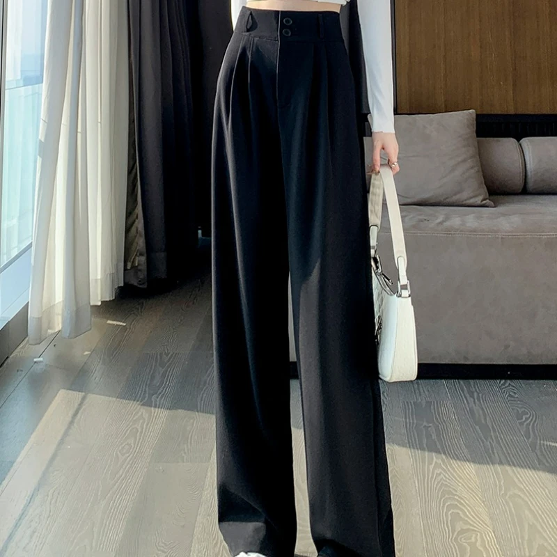 Taille haute minceur en forme de poire figure pantalon jambe droite pantalon de sol double bouton pantalon de costume décontracté