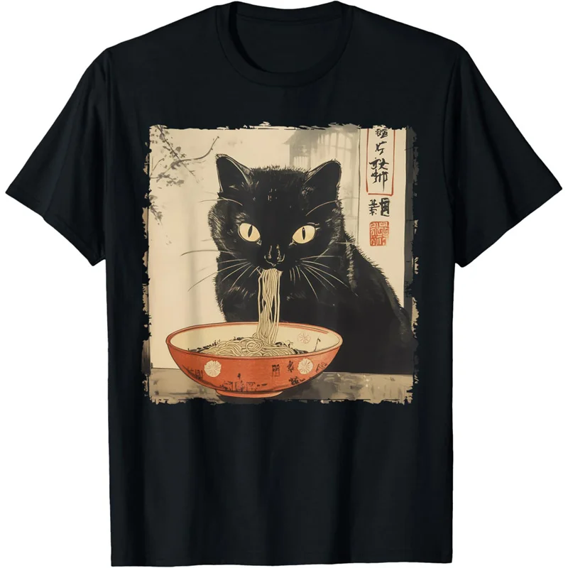 Funny Cat Pattern T Shirt For Women Delicious Noodles 3D Printed Short Sleeves Summer Leisure Tees O-Neck Loose Tops T-Shirts