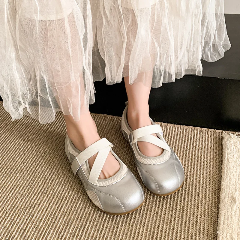 

2025 Spring New Casual Ballet Shoes Soft Bottom Silver Princess Elegant Small Fragrant Style Single Shoes for Women Sneakers