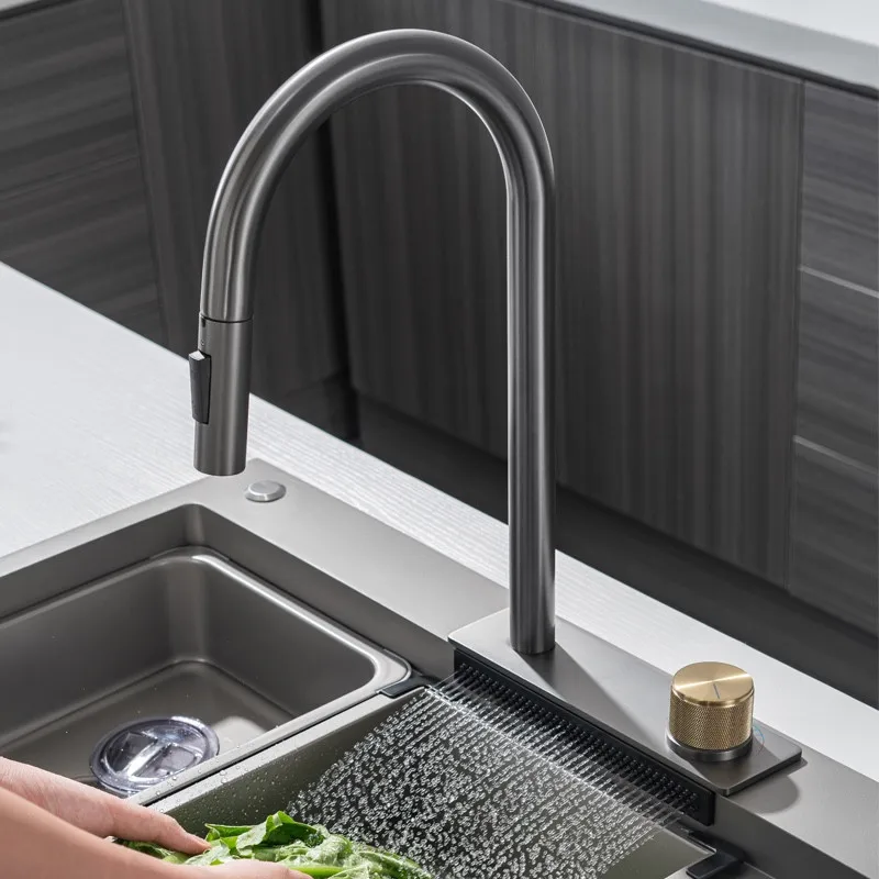 

Brass Kitchen Faucets & 304 Stainless Steel Sink Set Pull-Out Mixer Waterfall Taps Rotate KeyThermostatic Control Gun Grey New