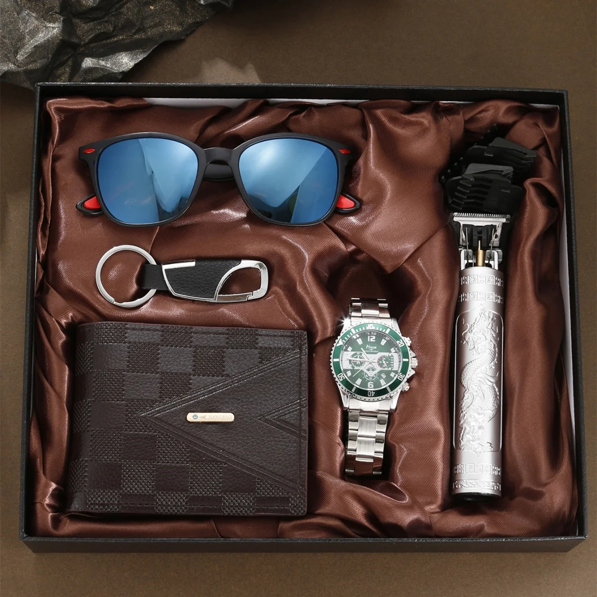 Men\'s Watch gift set, including watch, glasses, wallet, key chain, hair clippers, gifts for friends