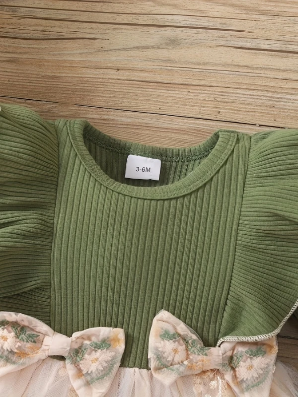 فستان محبوك على طراز الغابة للفتيات | بلوزة مضلعة باللون الأخضر الزيتوني مع تنورة من التول - فستان أميرة مزين بالزهور ثلاثي الأبعاد" #4